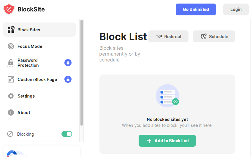 BlockSite page showing an Add to Block List button on the right and several tabs on the left