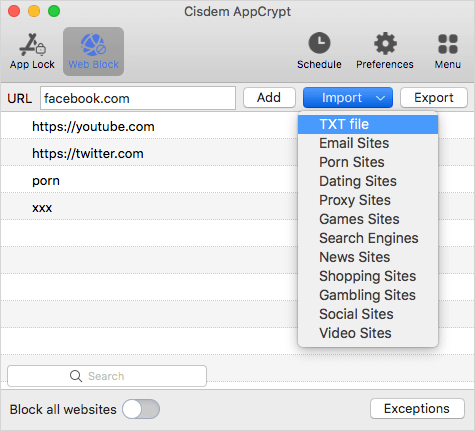 Web Block tab showing two websites in the list