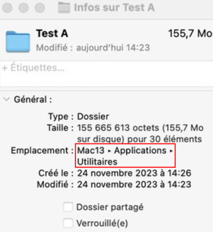 la section Général affichant le chemin d'accès d'un dossier