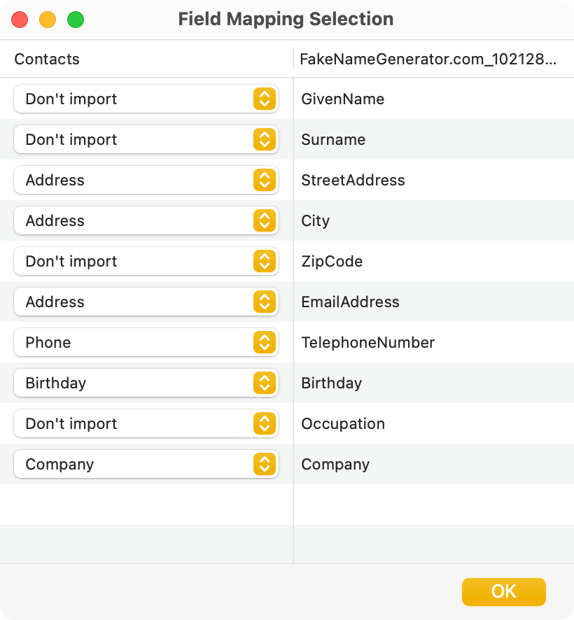 Field Mapping Selection dialog showing fields on the left and column headings in the CSV file on the right