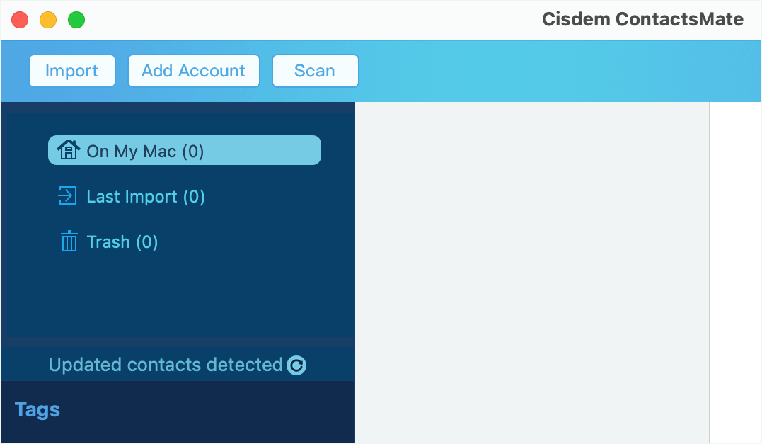 the left sidebar in ContactsMate showing the Updated contacts detected and a Refresh button