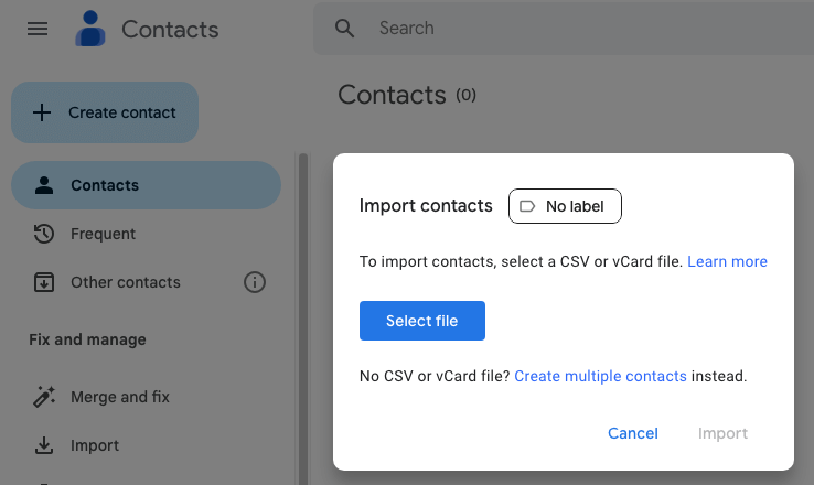 clicking Import in Google Contacts bringing up the Import contacts dialog