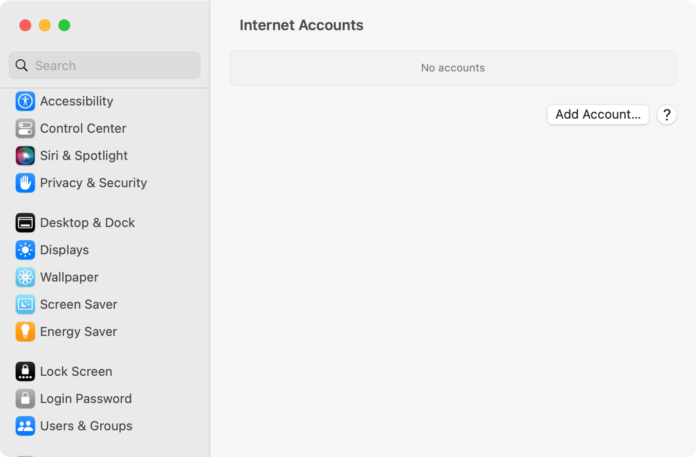 the Internet Accounts window showing the Add Account button