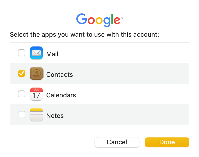 the Select the apps dialog showing that the Contacts checkbox is selected