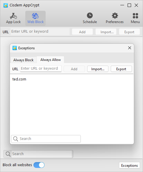 the Exceptions dialog showing the Always Allow list