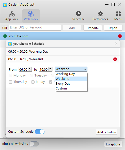 the Custom Schedule dialog