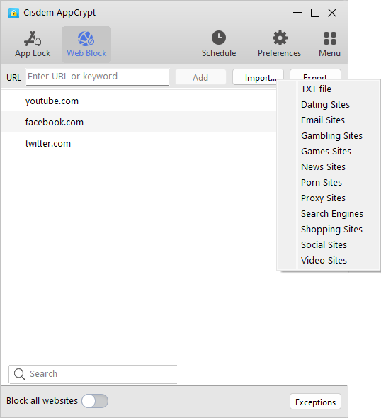 the Web Block tab showing that youtube.com is added to the block list