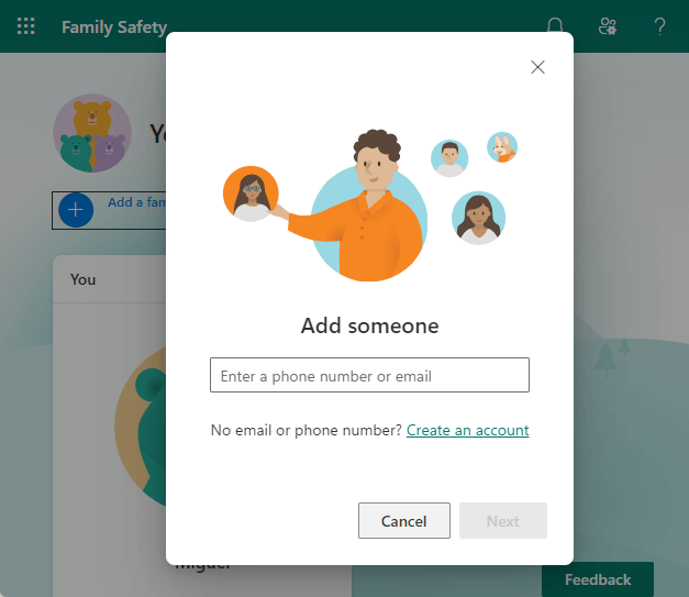 clicking Add a family member bringing up a dialog that asks you to enter a phone number or email