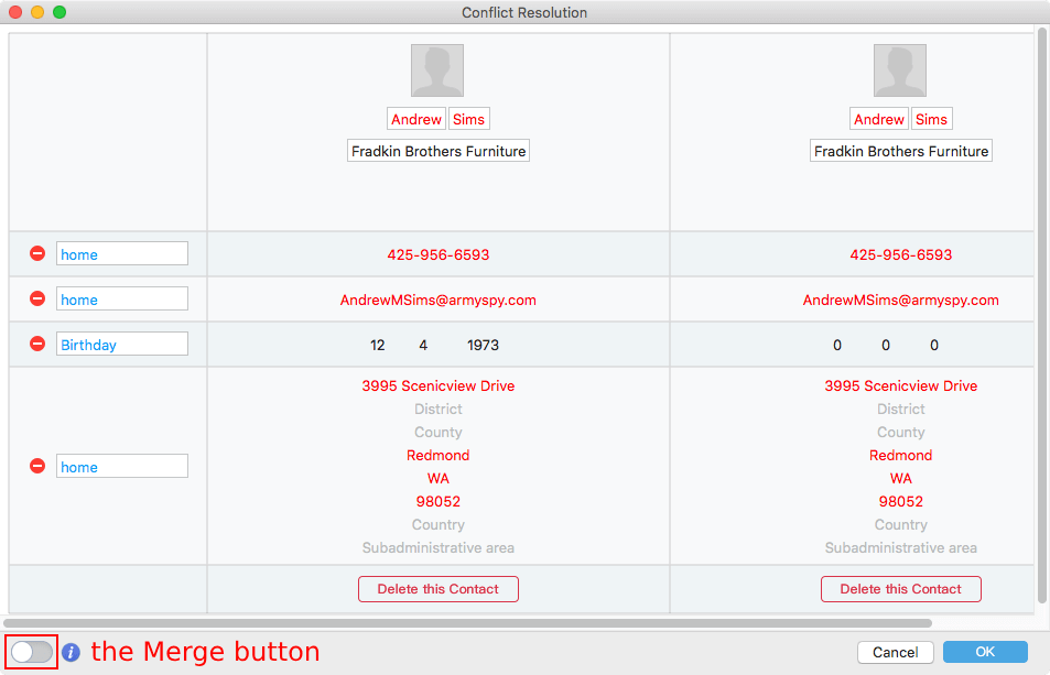 the Conflict Resolution window showing the details of a set of duplicate contacts and the Merge option