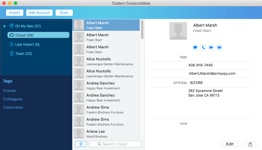 iCloud appearing in the sidebar on the left of the ContactsMate window