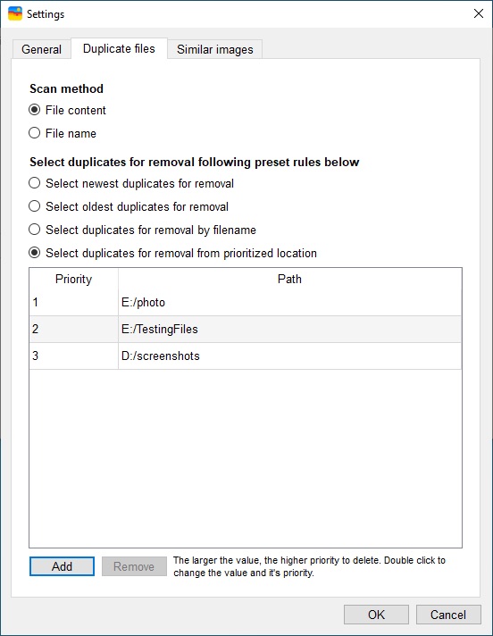 remove duplicate files on Windows 10 by priority