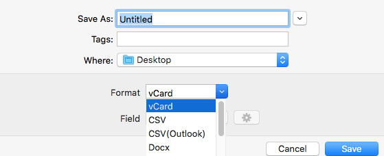 clicking the Format pop-up menu bringing up vCard and several other export formats