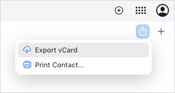 clicking the Share button in iCloud Contacts bringing up the Export vCard option