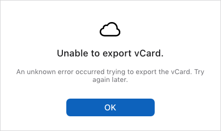 the Unable to export vCard error message in iCloud