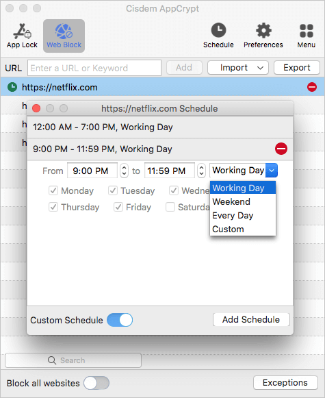 the Custom Schedule dialog showing two schedules for blocking Netflix