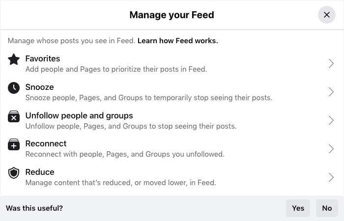 the Manage your Feed window showing Unfollow people and groups, Reduce and three other options