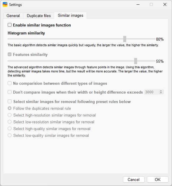 the Similar images tab in the Settings window showing the Enable similar images function checkbox and more