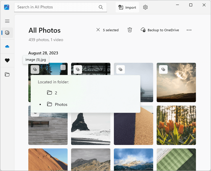 the All Photos tab in Microsoft Photos showing several duplicate photos