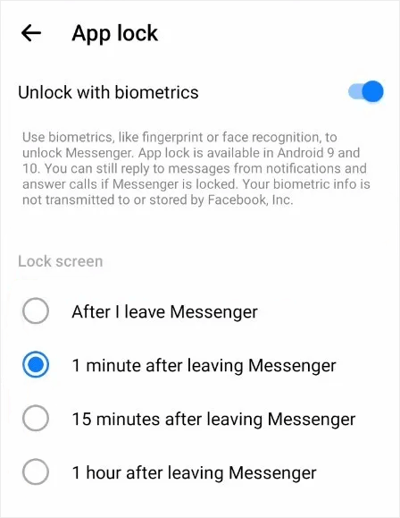 the App Lock screen in the Messenger app on Android showing Unlock with biometrics