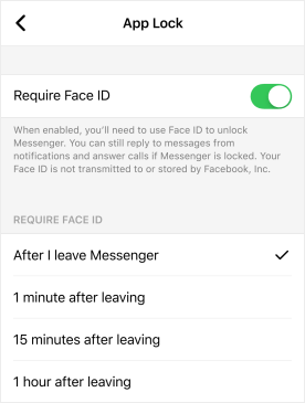 the App Lock screen in the Messenger app on iPhone showing 4 options regarding when to activate the lock