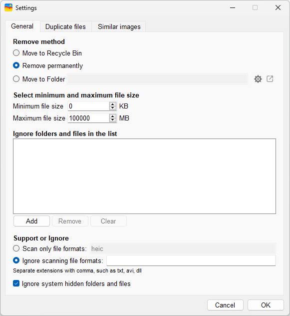 the Settings window showing that Remove permanently is selected