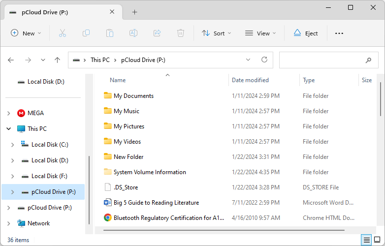 File Explorer showing pCloud Drive in the navigation pane