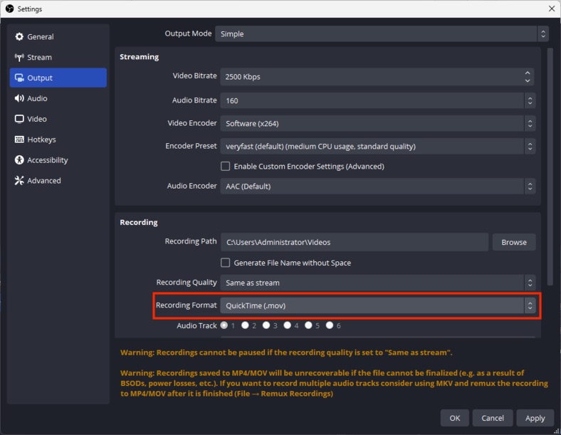 choose mov as the output format or make other recording settings