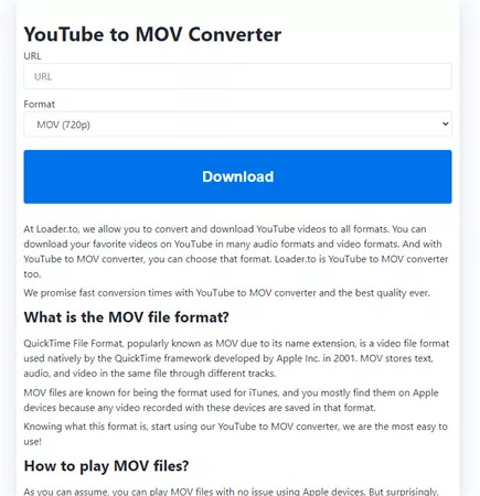 download and convert youtube to mov online with Loader.to