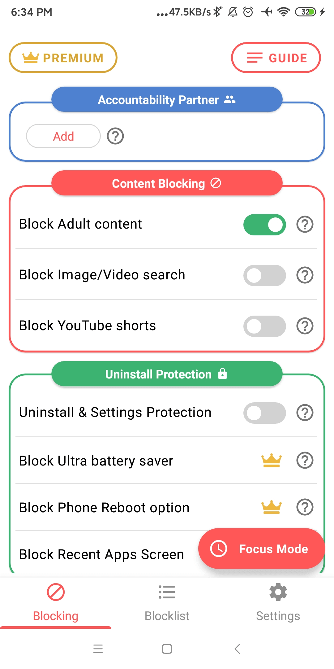 the Blocking tab showing that the Block Adult content option is turned on