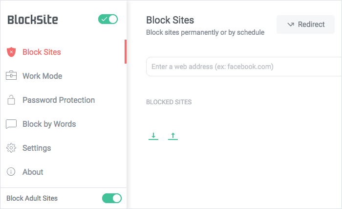 the Block Adult Sites option is turned on