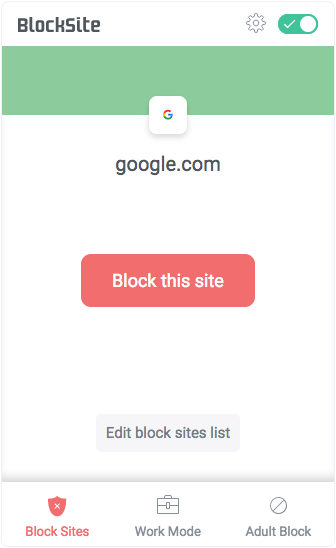 clicking the BlockSite icon in the Firefox toolbar bringing up a pop-up window, and the pop-up window showing a Settings button in the top right corner