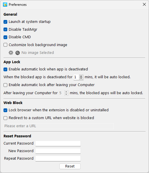 AppCrypt Preferences window showing that the Lock browser checkbox is selected
