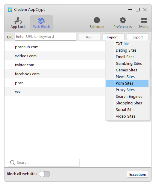 the Web Block tab showing that several porn sites are added to the block list