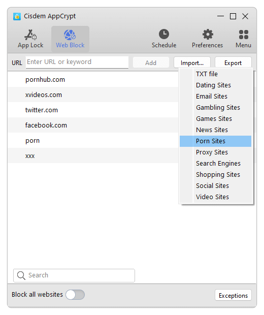 the Web Block tab showing the URL field, the Add button, and the Import dropdown menu, among others
