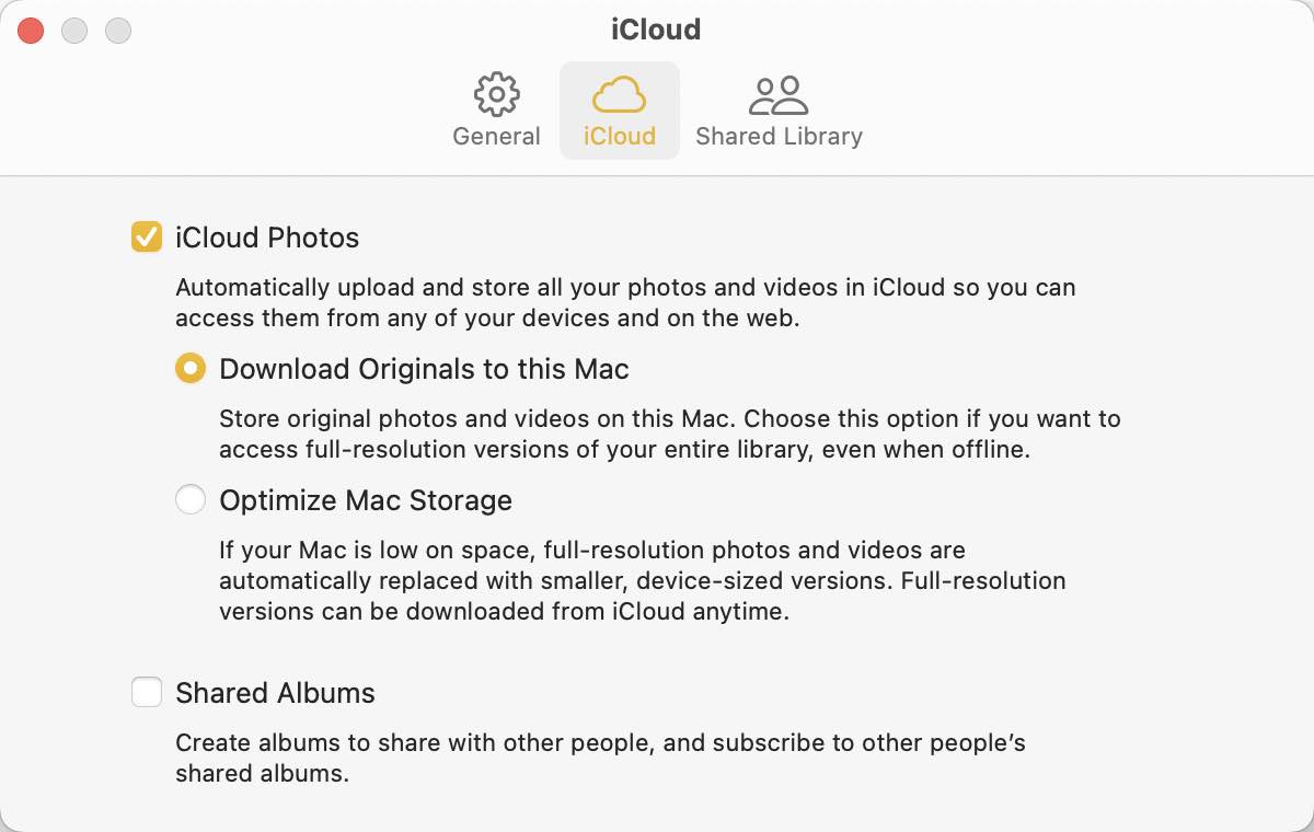 the iCloud Photos checkbox is selected