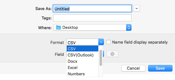 the export dialog showing a Format dropdown menu, a Field menu, a Save button and more and CSV being selected as the export format