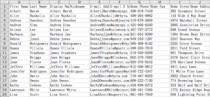 contact information properly displayed in a CSV file