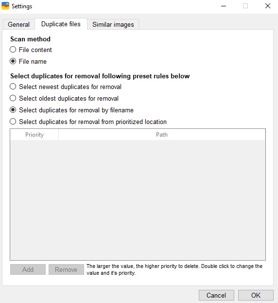 select File name scan method