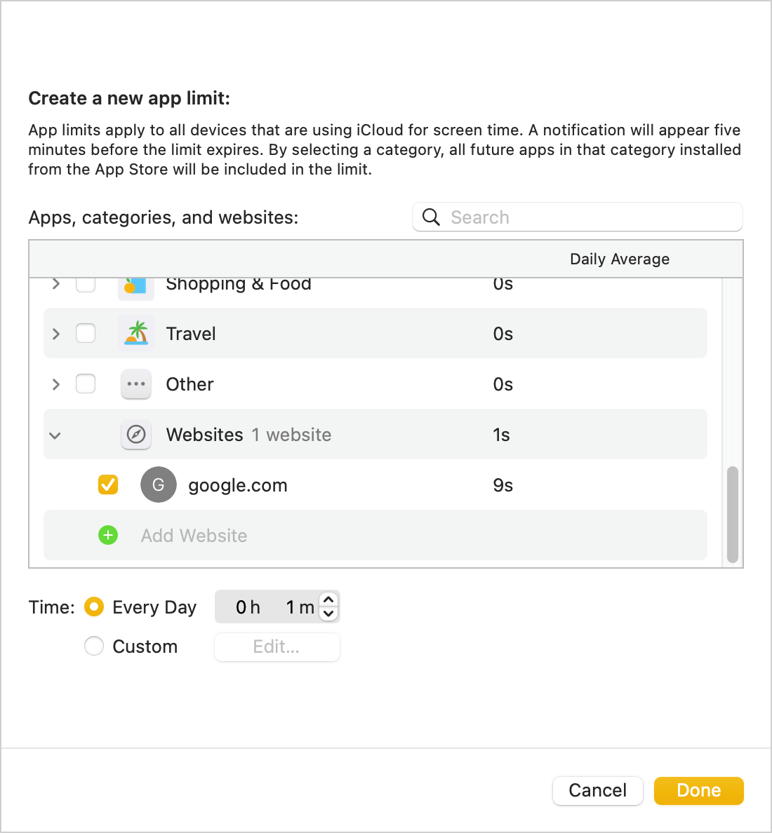 the Create a new app limit dialog showing a Websites option along with a green Add Website icon, and a Time section
