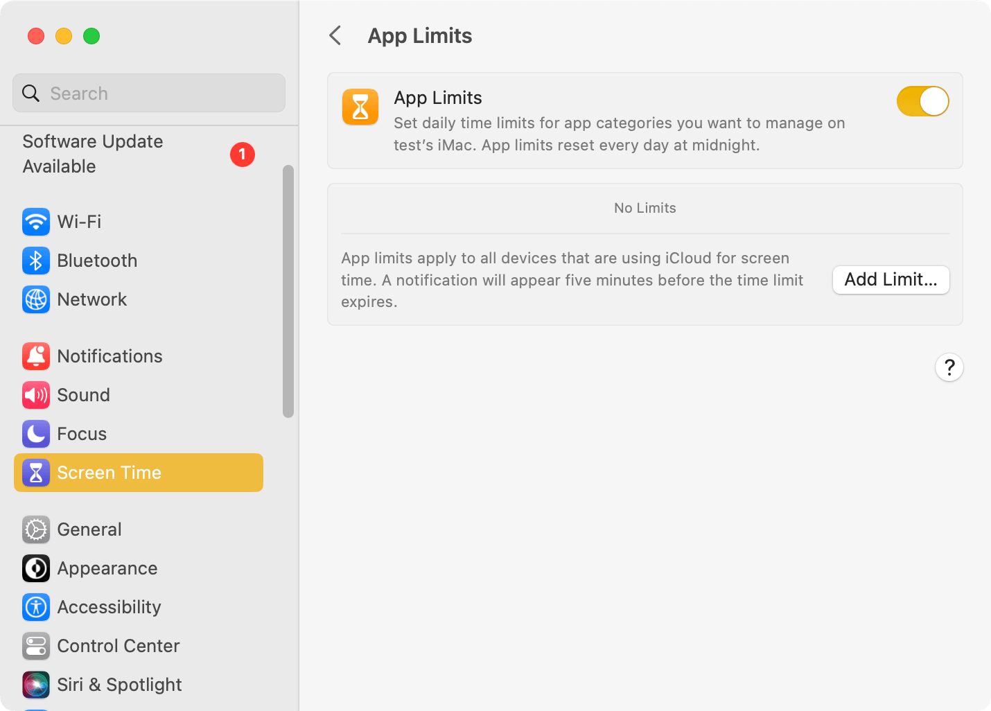 An App Limits window in Screen Time showing an Add Limit button