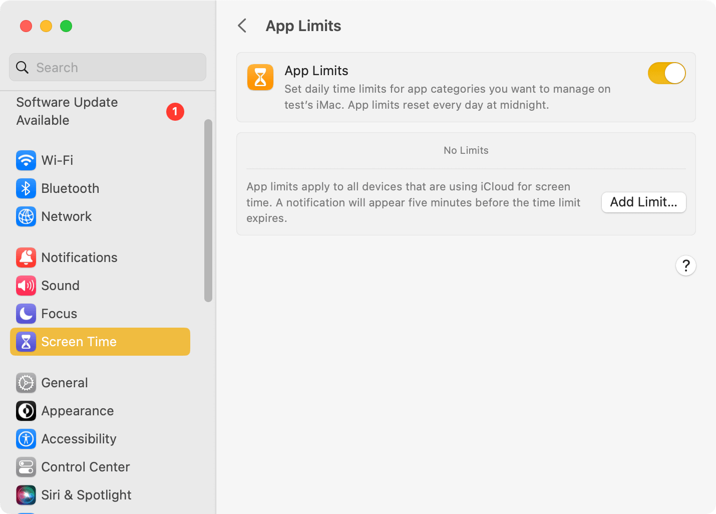 the System Settings window showing that the App Limits feature in Screen Time is turned on