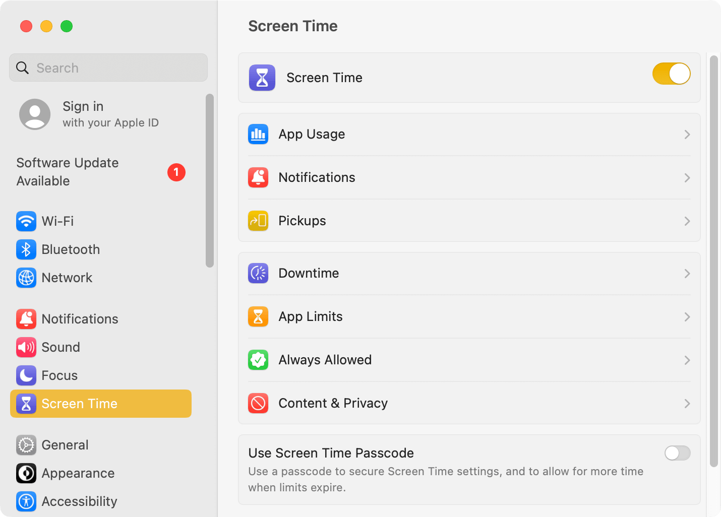 Screen Time main screen showing Content & Privacy, Always Allowed, and other features