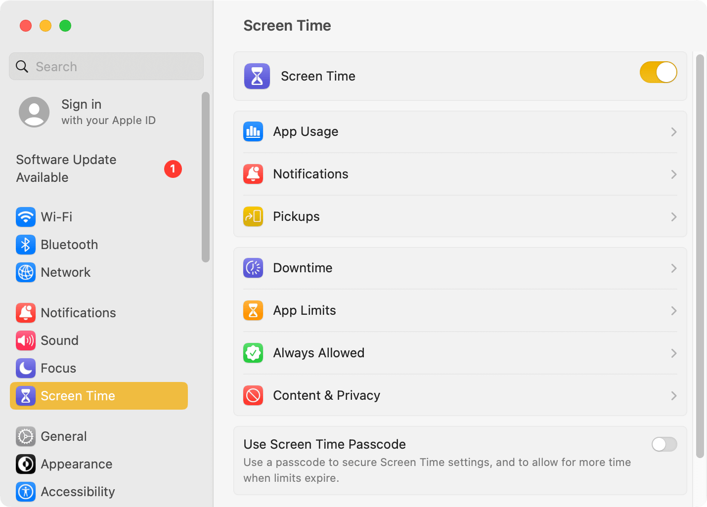 the System Settings window showing that Screen Time is turned on