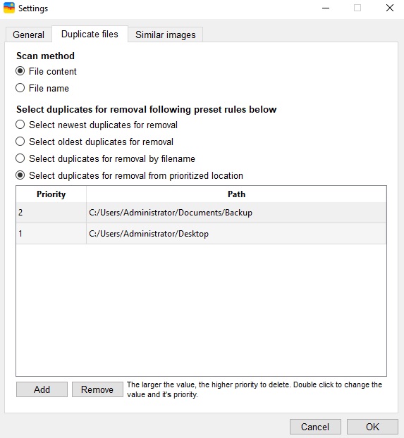 select duplicate folders for remover by priority