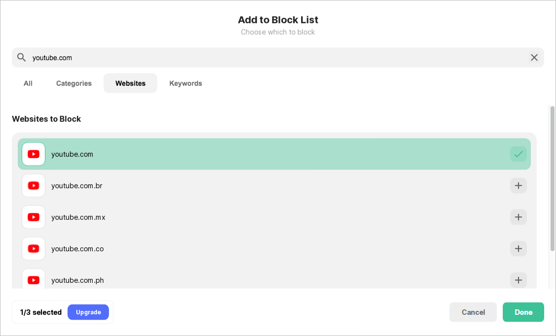 the Add to Block List screen displaying three tabs and the Websites tab being chosen