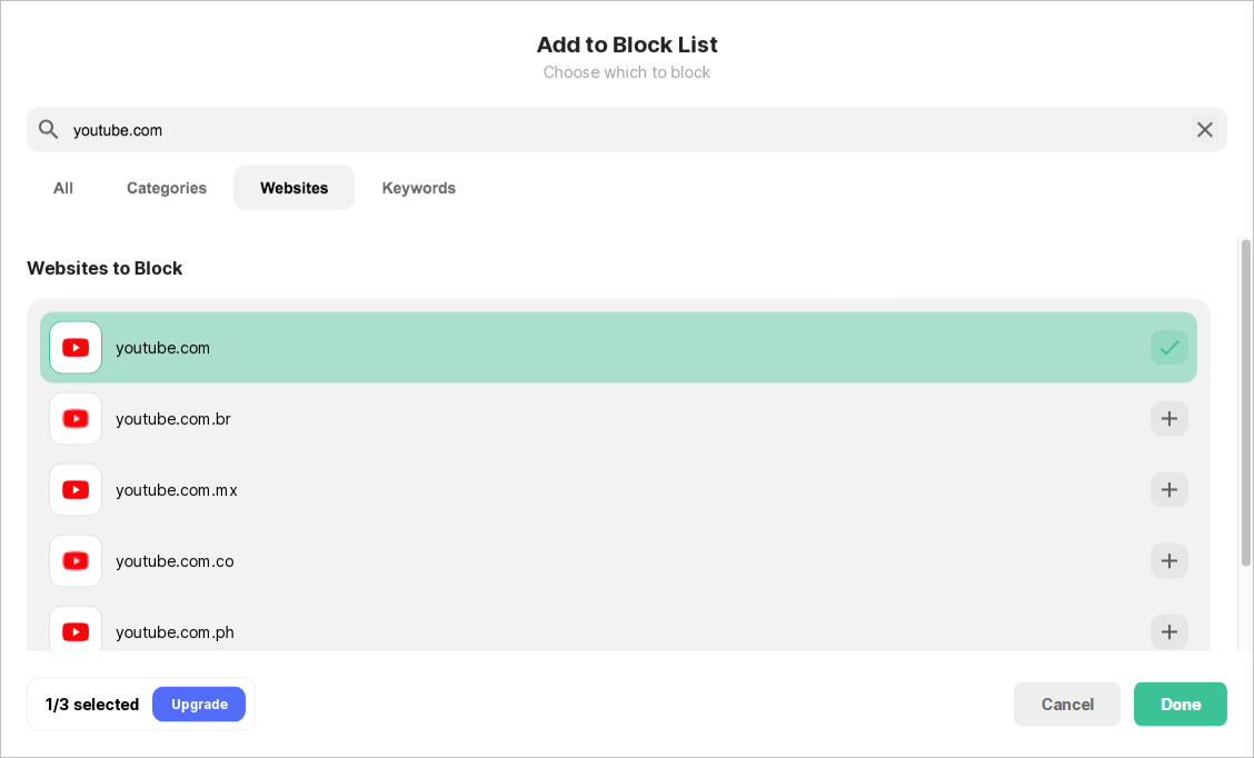a screen showing a Type field and a Websites to Block list, with youtube.com in the list