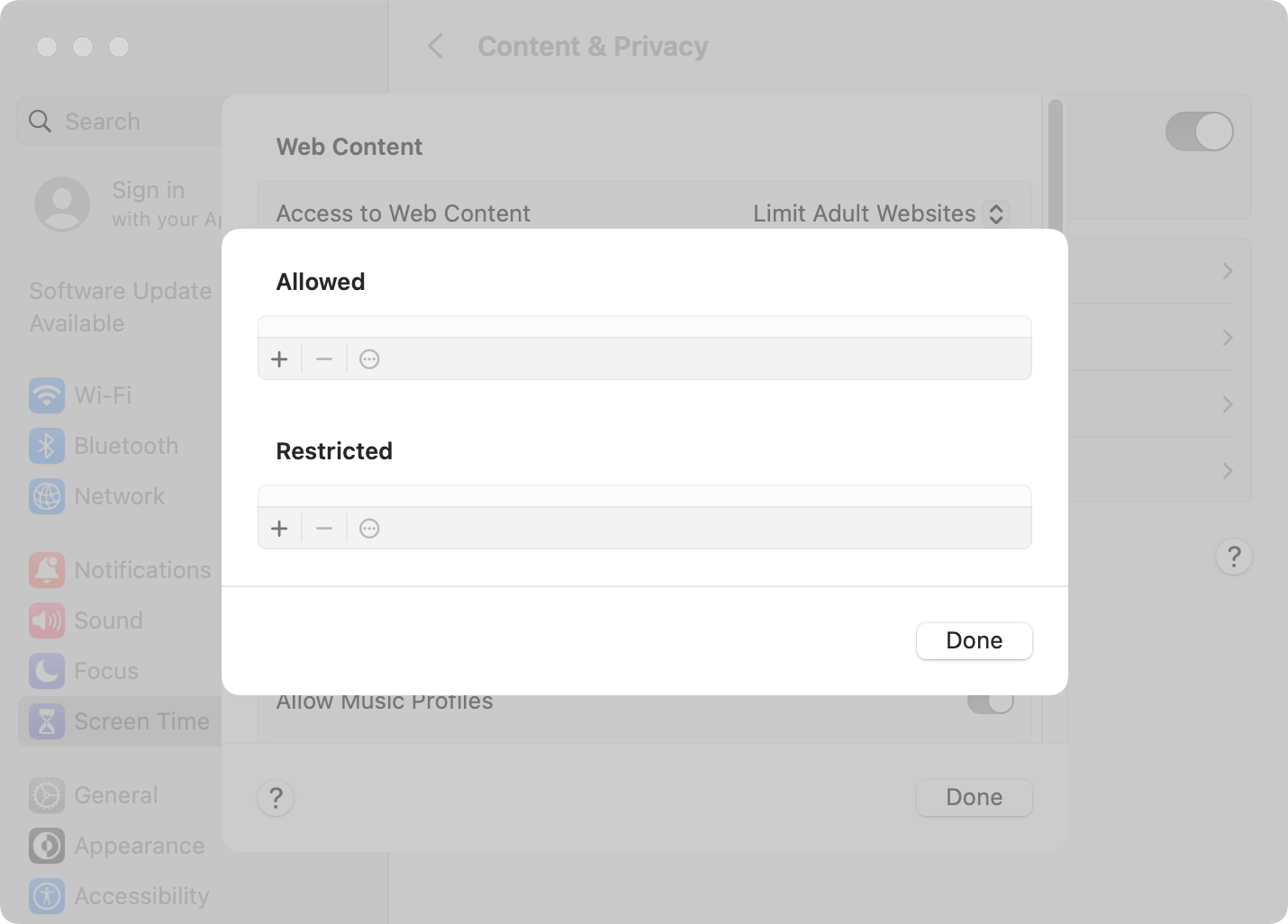 clicking the Customize button bringing up a dialog with a Restricted section