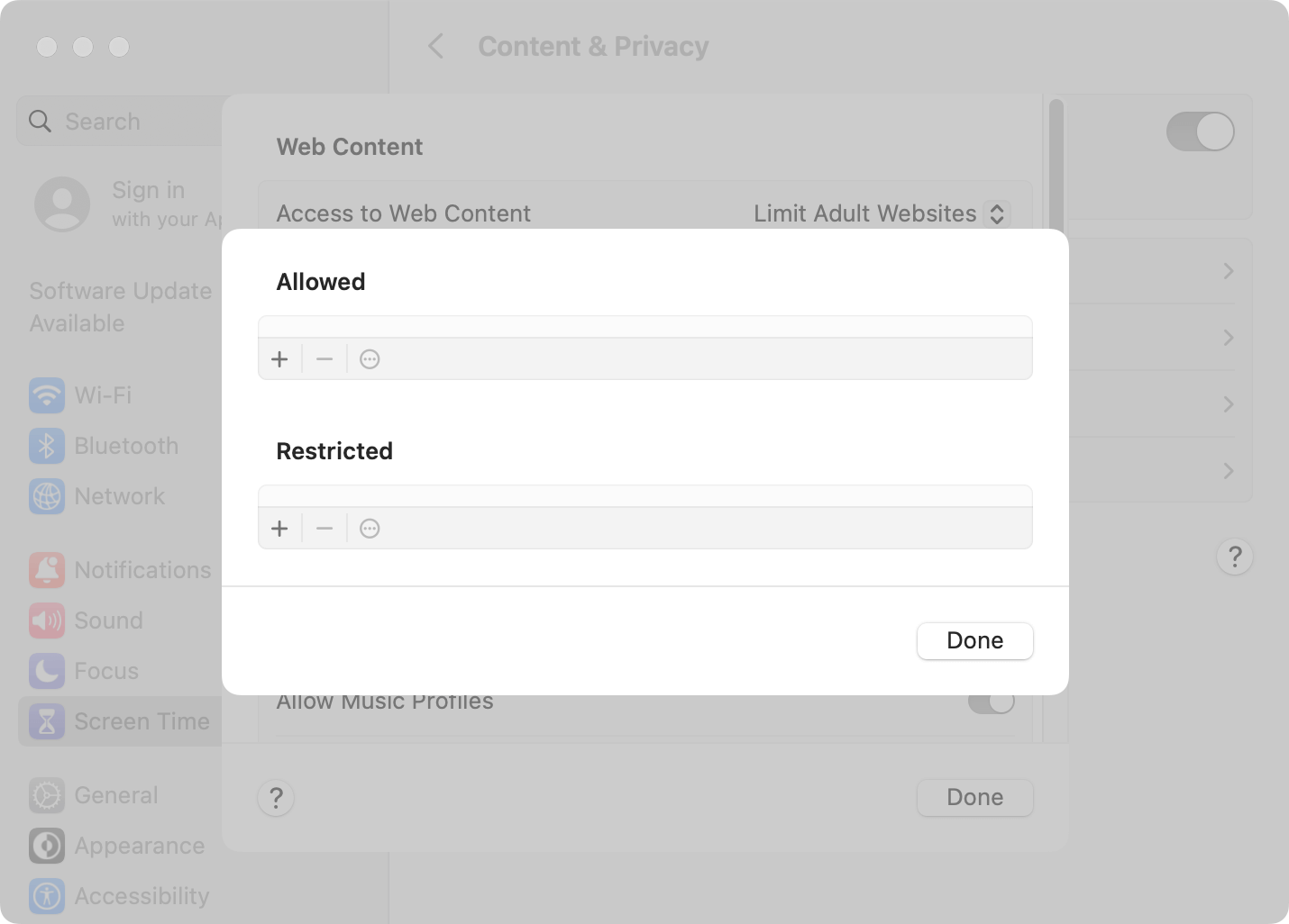 Restricted section showing an Add button and a Remove button