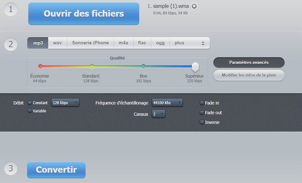 démarrer la conversion wma en mp3 avec l'outil en ligne
