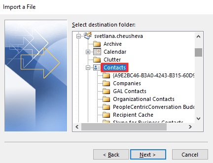 select Contacts folder